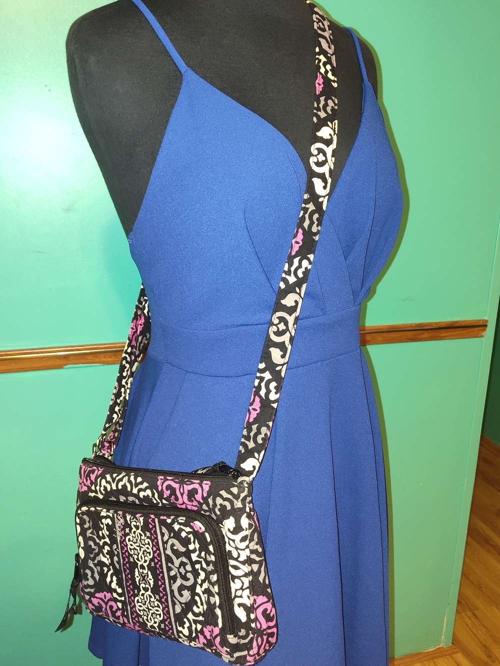 Crossbody Damask Print Shoulder Bag in Black and Pink